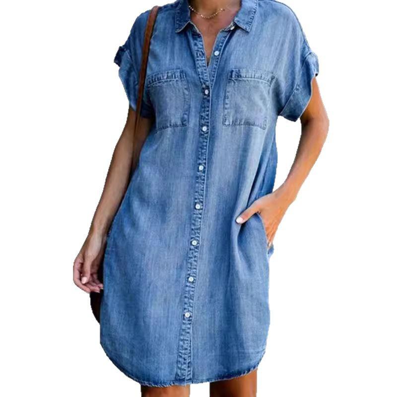 Trendy European & American Bestseller: Short-Sleeve Slimming Denim Midi Dress