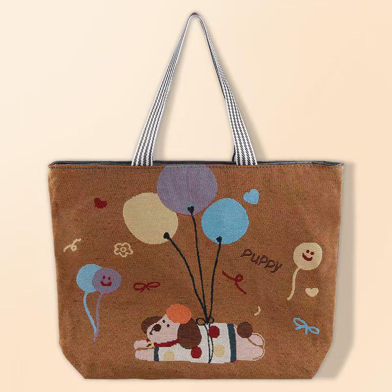 Large Capacity Women's Canvas Tote - Handheld & Shoulder Bag, Cartoon Embroidery Fashion, Perfect for Shopping or Student Use.