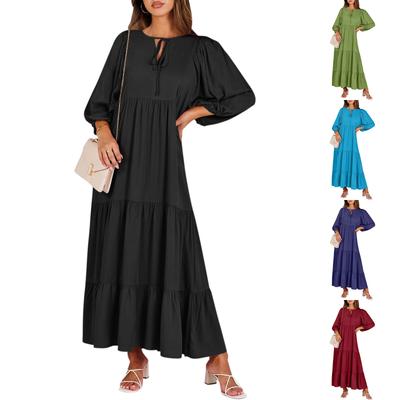 Womens Boho Maxi Dresses Summer V Neck Puff Sleeve Floral Flowy Swing Casual Long Dress