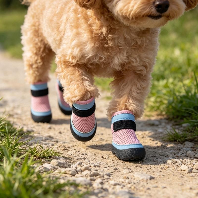 Small Dog Shoes Set with Light Upper, Grip Bottom Support, Small Dog Paw Shoes and 4 Piece Daily Summer Walk Use Plus