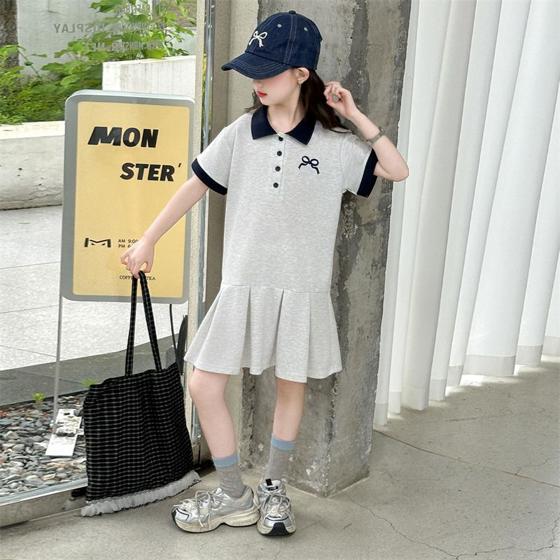 Girls' Short Sleeved Polo Shirt Dress Summer Dress 2026 New Style for Children, Middle-aged and Young Girls, Summer College Style