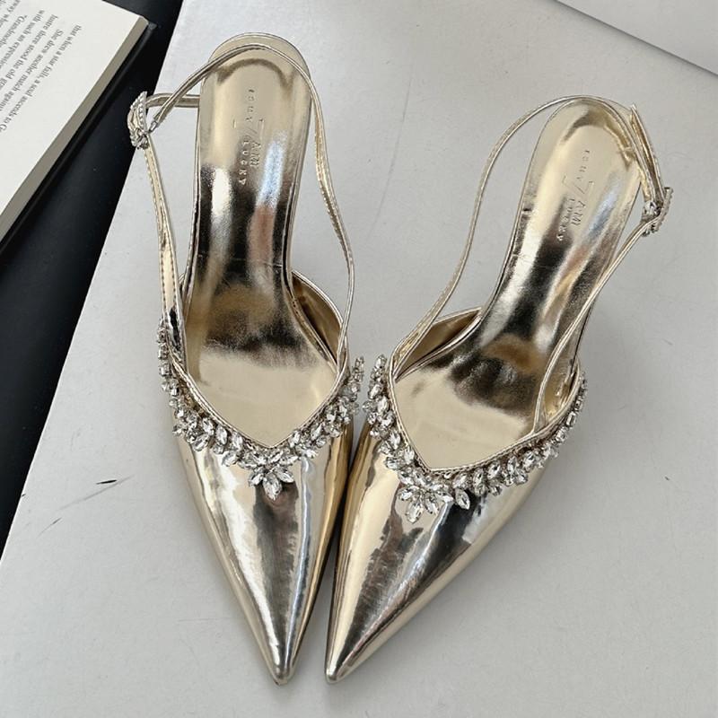 Fashion High Quality Patent Leather Rhinestone High Heels Women Sexy Pointed Toe Slingback Heeled Sandals Elegant Banquet Dress Shoes