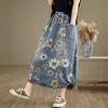 Vår Høst Kvinner Midi Denim Skjørt Elastisk Midje Blomstertrykk Vintage Skjørt Retro Elegant Dameskjørt Med Lommer