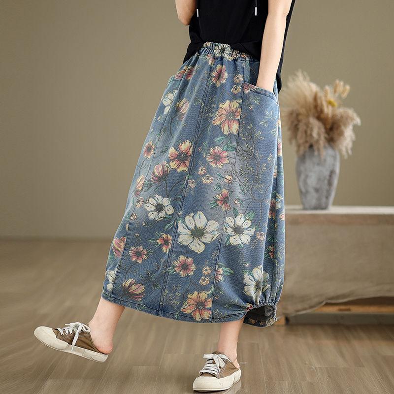 Vår Høst Kvinner Midi Denim Skjørt Elastisk Midje Blomstertrykk Vintage Skjørt Retro Elegant Dameskjørt Med Lommer