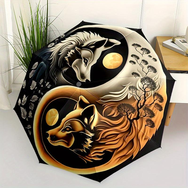 1pc Wolf Moon Compact Travel Umbrella, Automatic Folding Lightweight Windproof 8-Bone Reinforced Design, Portable for Backpack Durable Canop