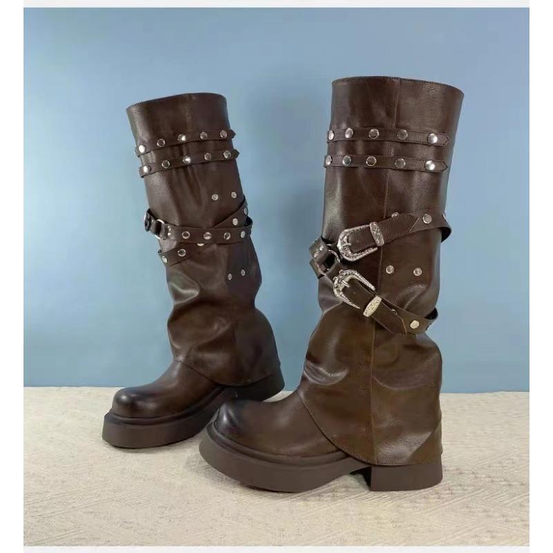 

Черные ботильоны Maillard новые ретро круглый носок нишевый дизайн длинные ботинки ботинки рыцаря с заклепками 40 коричневый