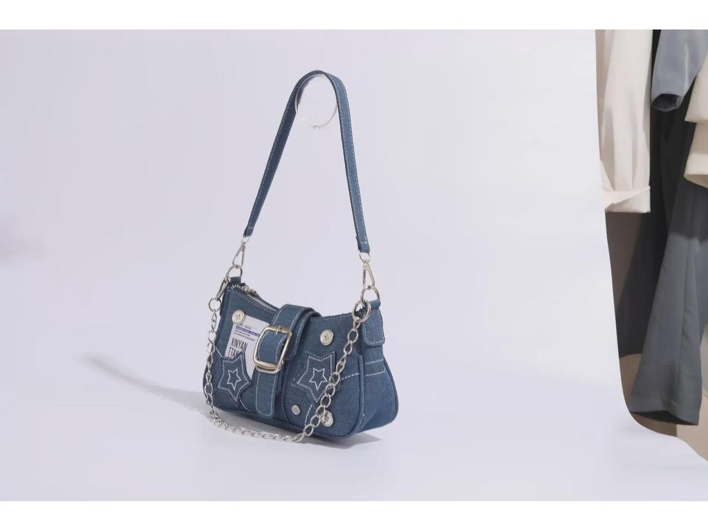 Star Denim Crescent Canvas Handtasche – Trendiges Nischendesign mit Kettenriemen
