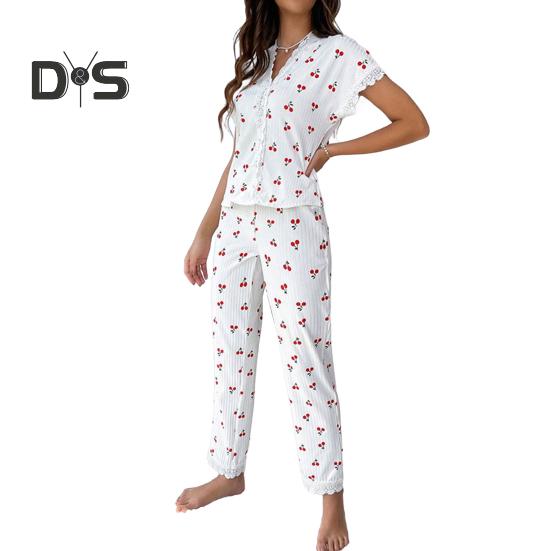 

2 шт./комплект пижамный костюм кружевной сращивание V-образный вырез короткий рукав топ вишневый принт домашняя одежда повседневный топ брюки комплект одежды для сна XXL белый