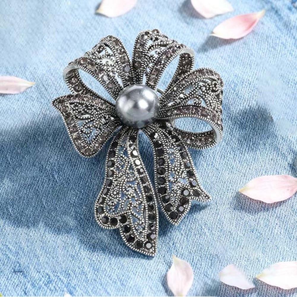 French Style Fully-rhinestone Pin Corsage Ornament Black Brooch Bow Brooch Western-style Clothes