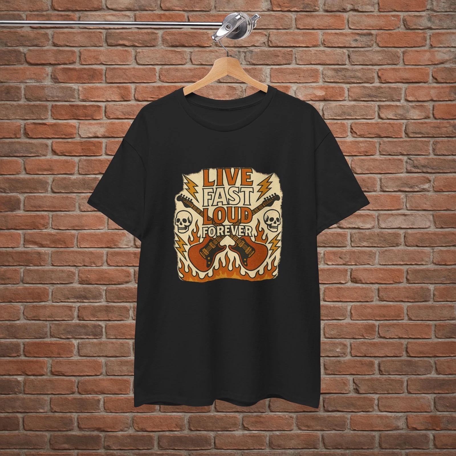 Live Fast Loud Forever Rock T-Shirt Skull Guitar Flame Design S to 2XL S