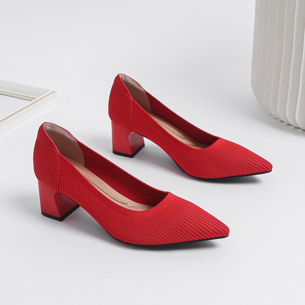 2026Women's large high-heeled shoes Multicolor pointy knit breathable comfortable anti-skid rubber sole work shoes  new autumn
