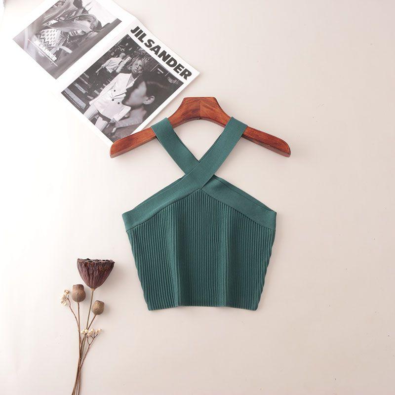 American Fashion Brand Cross Hanging Neck Cami Summer Rib Solid Sexy Short Knitted Top Women