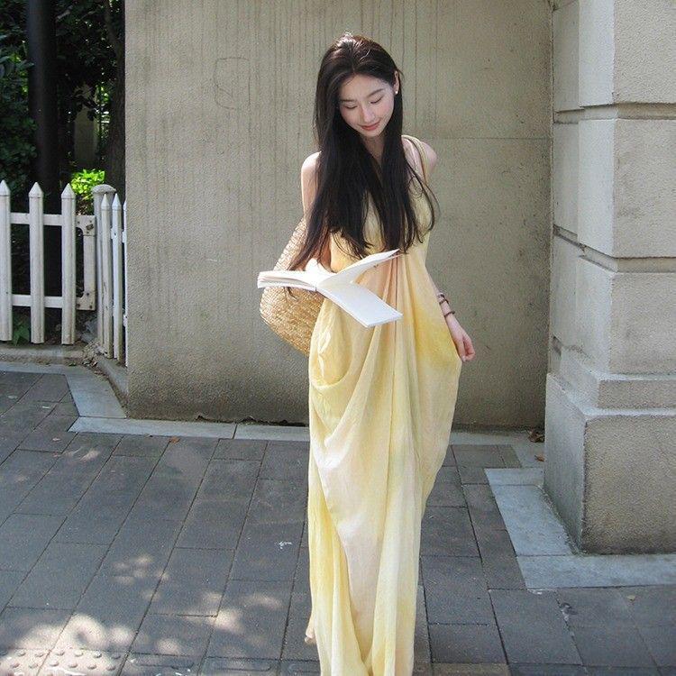 French Fairy Yellow Gradient V-Neck Spaghetti Strap Beach Dress for Women