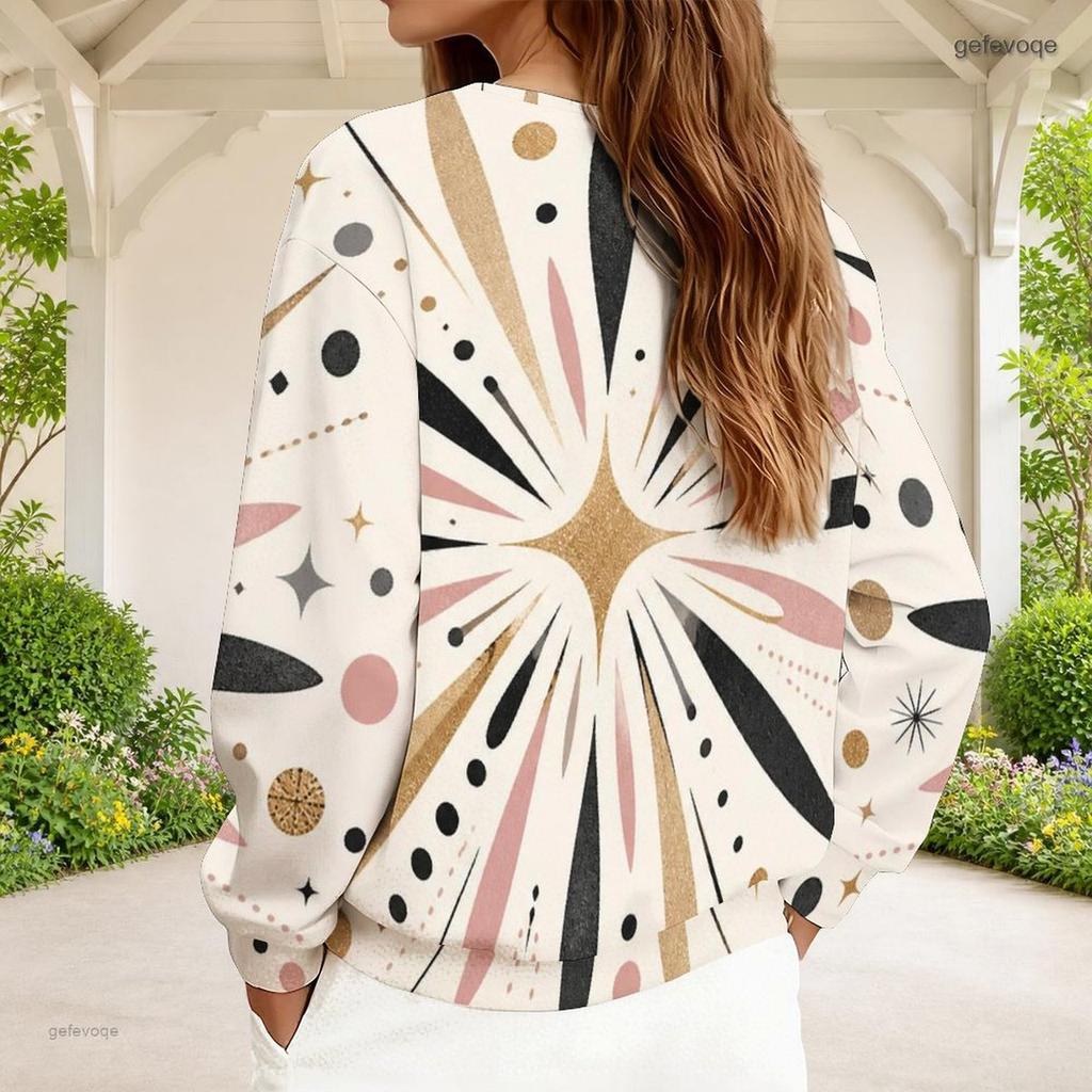 Women Plus Size V Neck Front Zip Geometric Printed Long Sleeve Sweatshirt White Pink Black