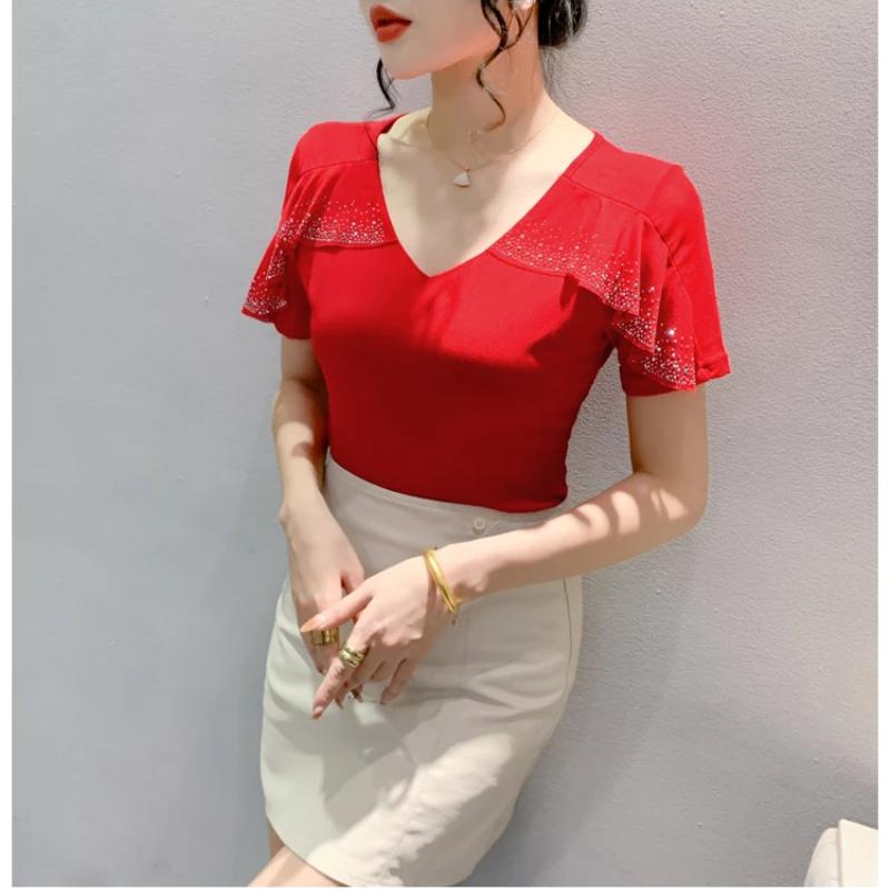 New Summer Streetwear Girl Chic Ruffled Hot Diamonds T-Shirt Fashion V-Neck Short Sleeve Mesh Tops Women's Tees Clothes Blouse