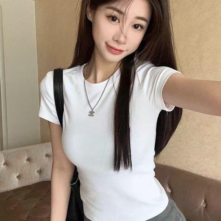 

Women s European & American Summer Slim Fit Short-Sleeve High-Waisted Solid Color Top S (Recommended 35-45 kg)