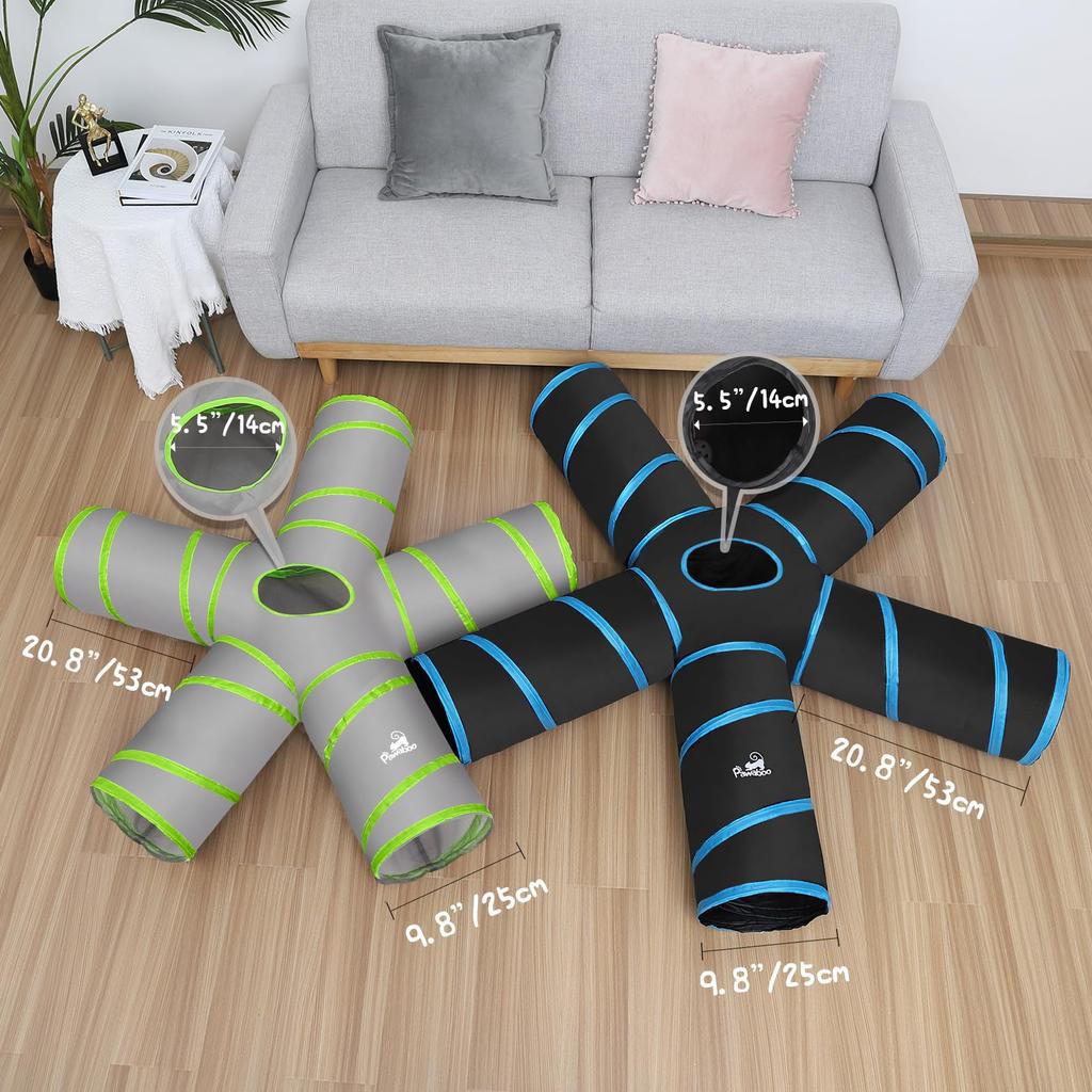 Pawaboo Cat Tunnel, 5-Way Spiral Cat Tunnel with 1 Hole, Foldable Cat Play Toy, Gray & Green