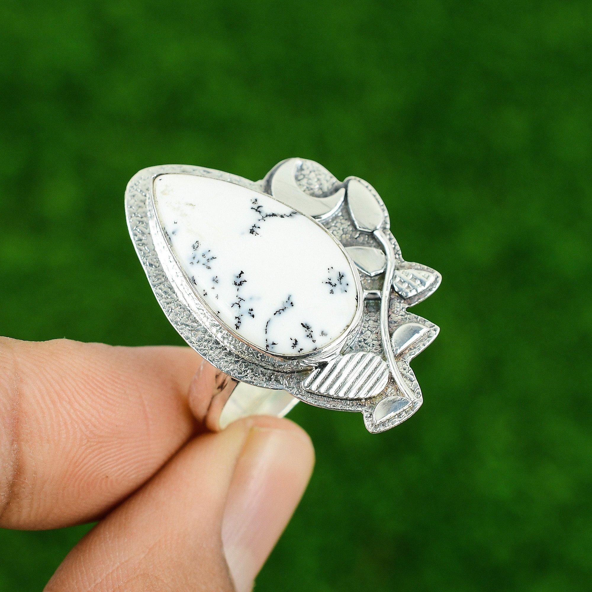 

Natural Dendrite Opal New Cescent Moon Statement Mother Ring Jewelry 925 Silver Adjustable