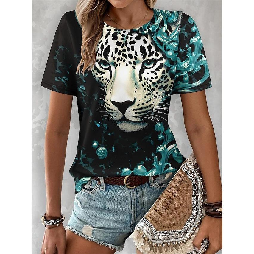 Summer Round Neck Leopard Floral Pattern 3D Print Top Fashionable Casual Short Sleeved Women's T-shirts