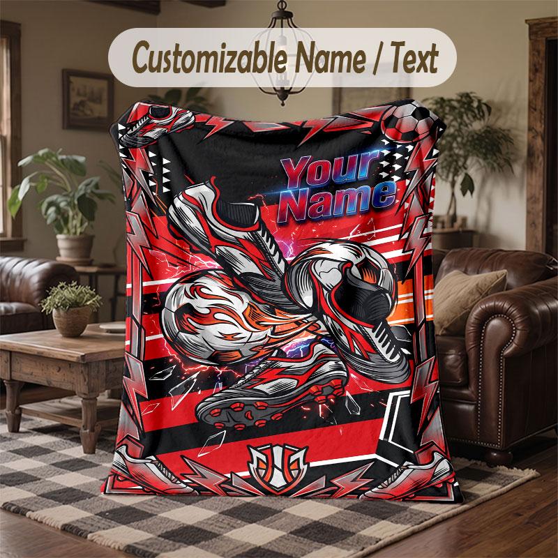 Soccer Theme Throw Blanket Custom Name Text Personalized Blanket Soft Cozy Blanket for Home Sofa Bed