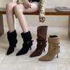 2025 Autumn and Winter New Pointed European and American Suede Thin Heel High Heel Temperament French Fashion Sexy Beautiful Women Middle Boots