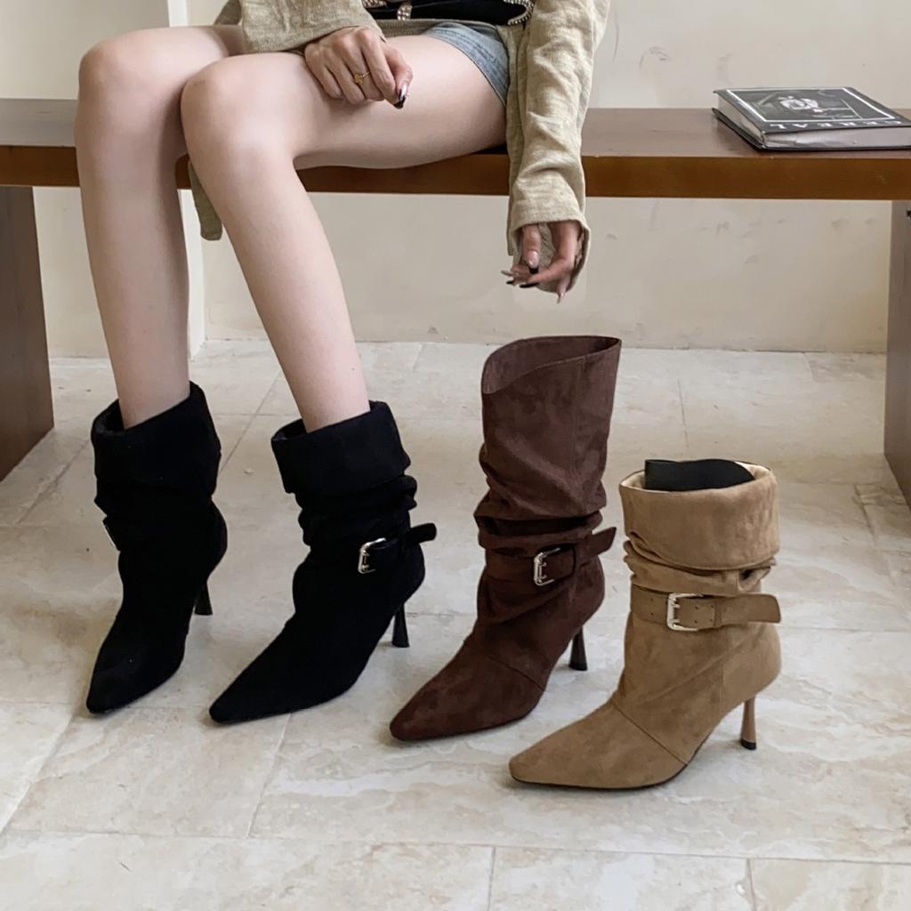 2025 Autumn and Winter New Pointed European and American Suede Thin Heel High Heel Temperament French Fashion Sexy Beautiful Women Middle Boots