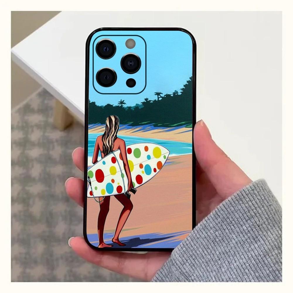 Surfboard Surfing Art Surf Girl  Phone Case For Apple iPhone 15,14,13,12,11,Pro,X,XS,Max,XR,Plus,Mini Soft Black Cover