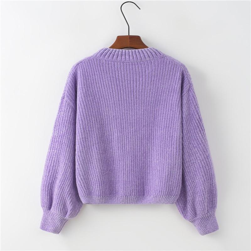 Casual Womens Sweater Autumn Winter Pullover Crew Neck Solid Color Loose Bulb Sleeve Chenille Knit Top