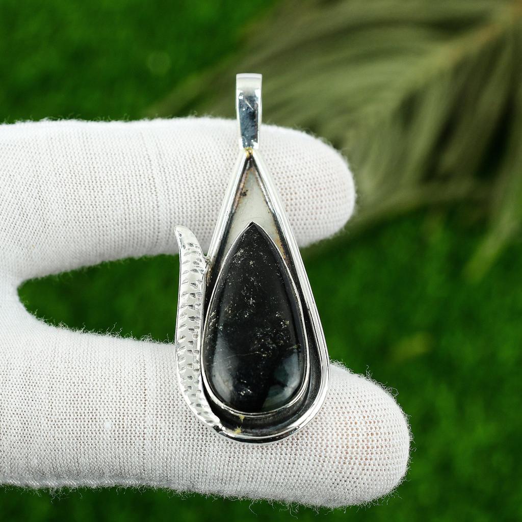 925 Sterling Silver Pear Nuummite Gemstone Daughter Bezel Wedding Unique Pendant