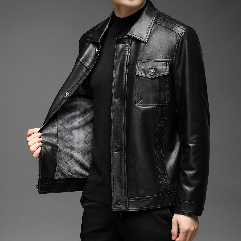 Herbst und Winter neue Lederjacke Herren Slim Kurzrevers Lederjacke plus Samt junge Herren PU-Lederjacke