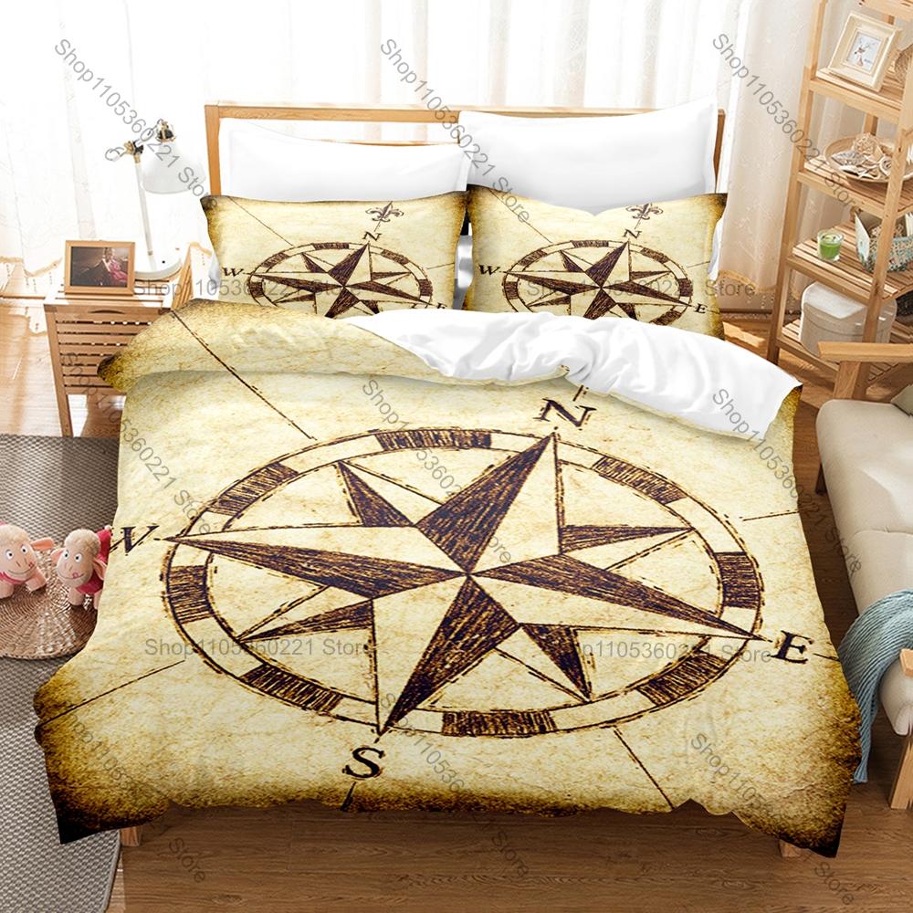 Set Biancheria da Letto Bussola Mappa Retro, Copripiumino + 2 Federe, Lenzuola Grafiche Classiche di Navigazione