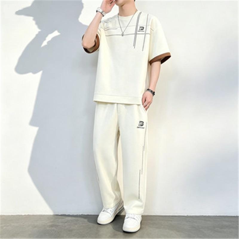 Men's 2-in-1 Summer Tracksuit Ice Silk Short Sleeve Tee Straight Pants Casual Streetwear Outfit