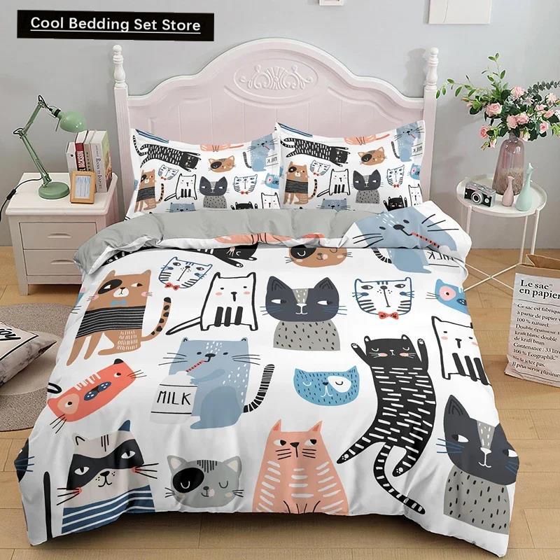 3PCS Single-sided Printed Bedding Set ,Comforter Cartoon Cute Cat Duvet Bedding Cover Pillows Comfortable Bedspreads BeddingSet