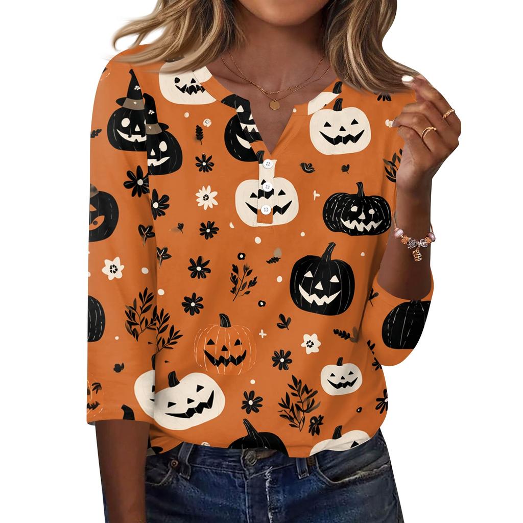 Damen Casual Halloween Print V-Ausschnitt Knopfleiste Dreiviertelarm T-Shirt Top für den Herbst