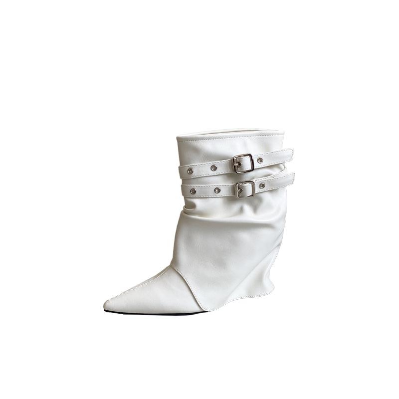 2025 Autumn and Winter New European and American Pointed Thin Heel Belt Buckle High Heel Temperament French Fashion Sexy Beautiful Women Short Boots