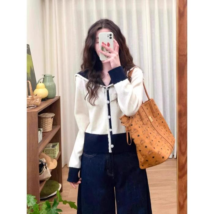 Контрастные цвета нишевый дизайн вязаный кардиган свитер женский осенний новый модный темперамент тонкий кардиган One Size