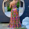 Women's Sexy Spaghetti Strap Colorful Print Maxi Dress, Backless Cut Out High Waist Tiered Beach Vacation Evening Party Gown