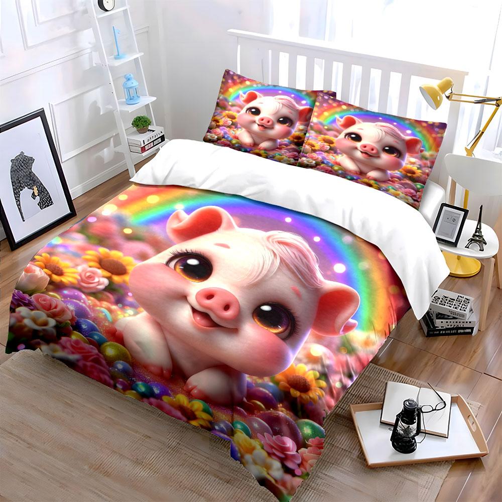 Cute Piglet In A Rainbow Flower Field Duvet Cover Set With 3D Printing Design Soft Polyester Bedding Set All-Season Comfort