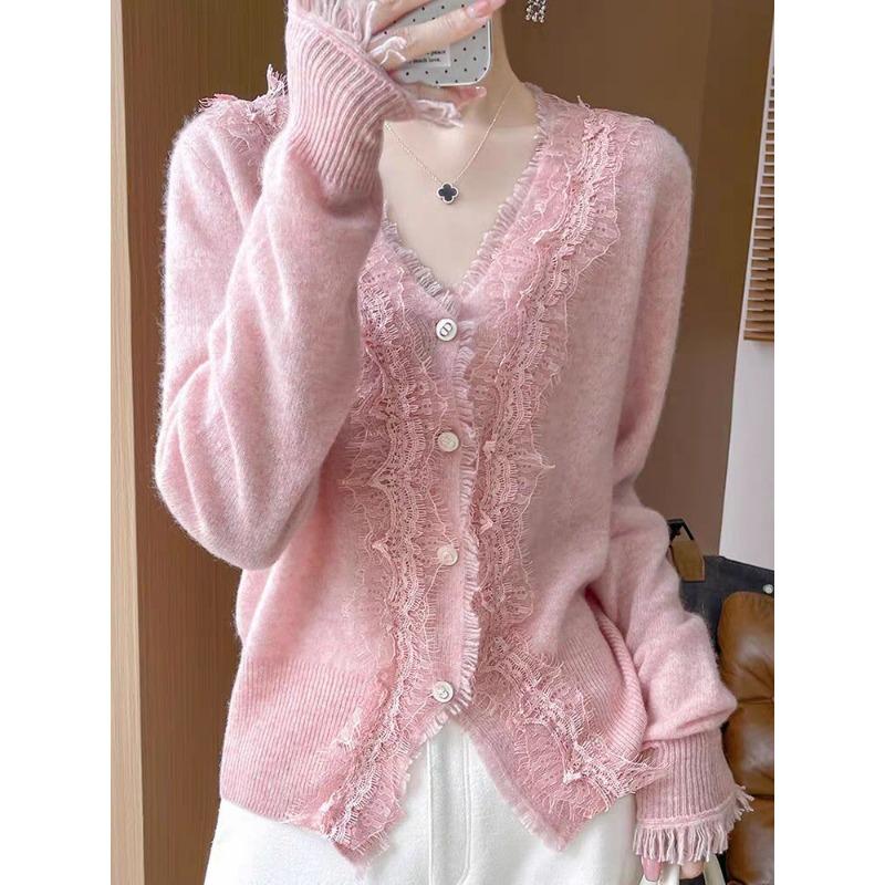 Autumn V-neck Lace Cardigan for Women Knitted Age-reducing Sweater Cashmere Loose Top