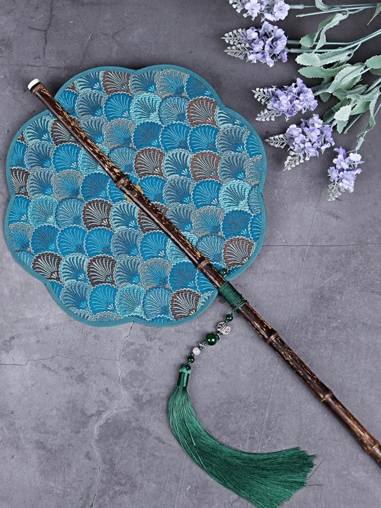 Chinese Ancient Style Black Bamboo Waist Fan Han Dynasty Circular Fan Chinese Style Long Handle Tassel Curling Folding Fan Classical Portable Wrist