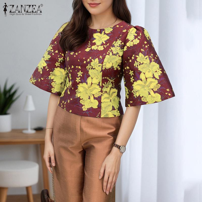 ZANZEA Women Casual Round Neck Summer Half Sleeve Print Blouse