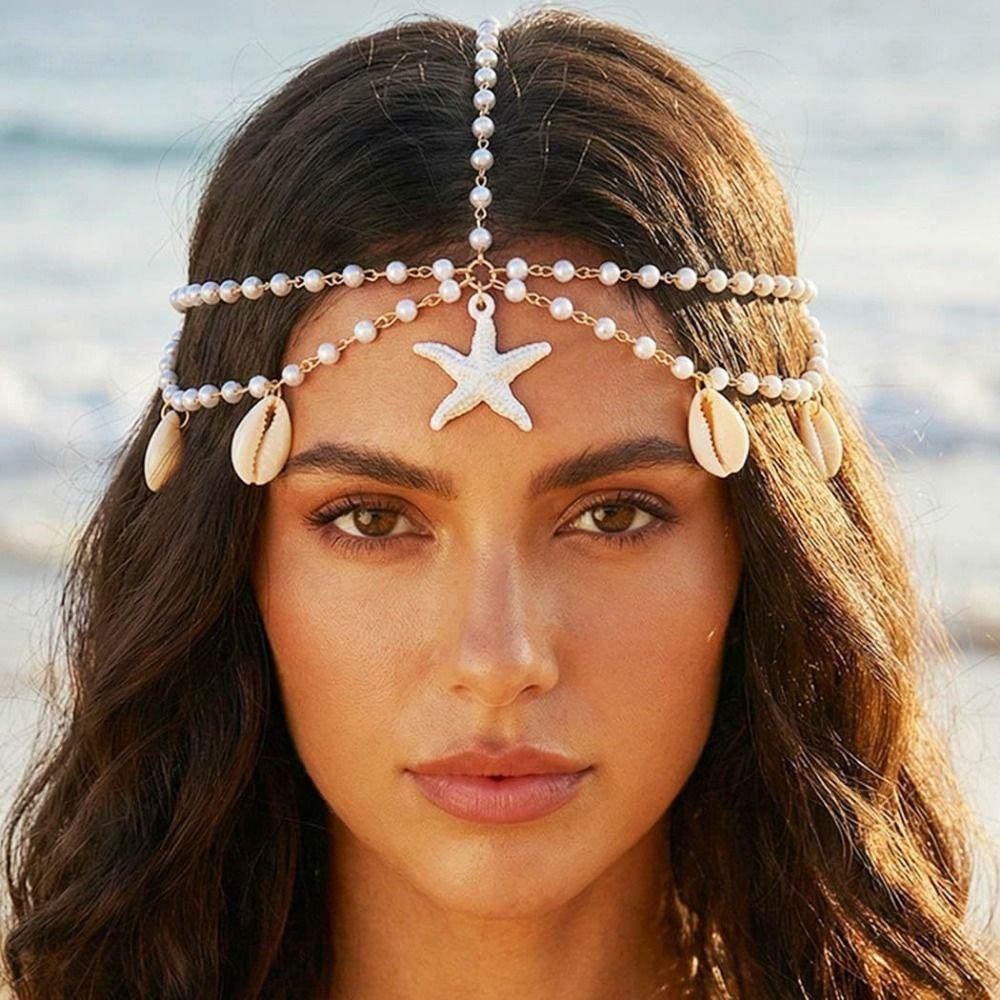 Ocean Style Bohemian Hair Chain Starfish Beaded Head Piece Boho Head Chain  Summer Vacation
