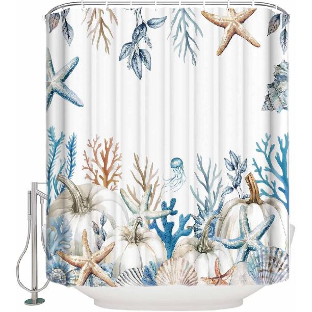 Fall Shower Curtain, Ocean Sea Thanksgiving Bathroom Shower Curtains, Seasonal Vintage Pumpkin Starfish Jellyfish Shell Shower Curtain with Hooks