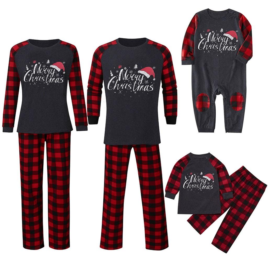 Christmas Man  Letter Plaid Print Top Blouse+Pants Family Clothes Pajamas