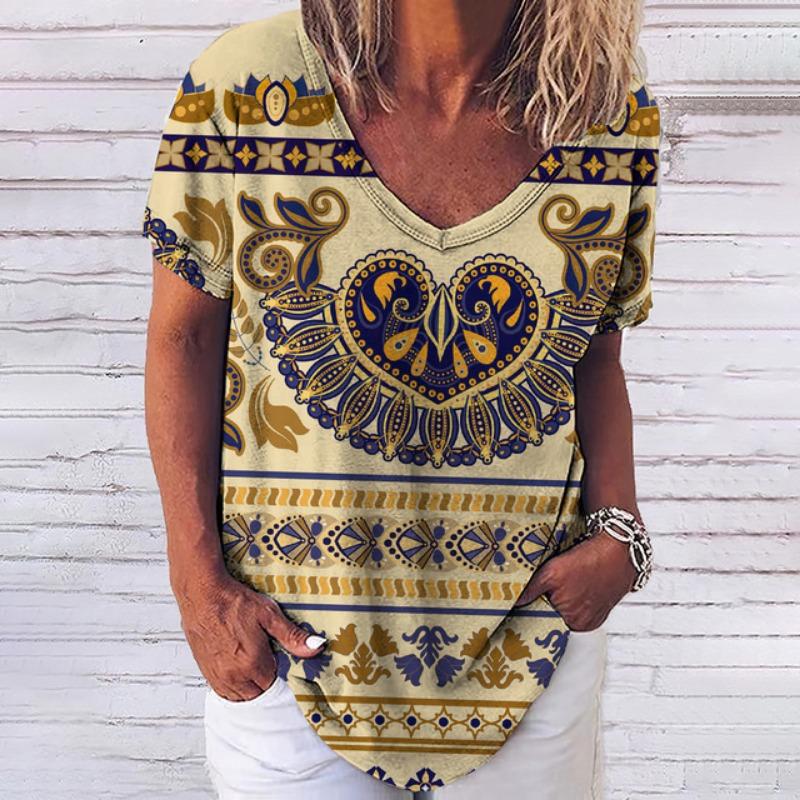 Summer T Shirt For Women 3d Fashion Geometric Print V Neck Short Sleeve Basic Tops Streetwear Casual Oversized Female Clothing