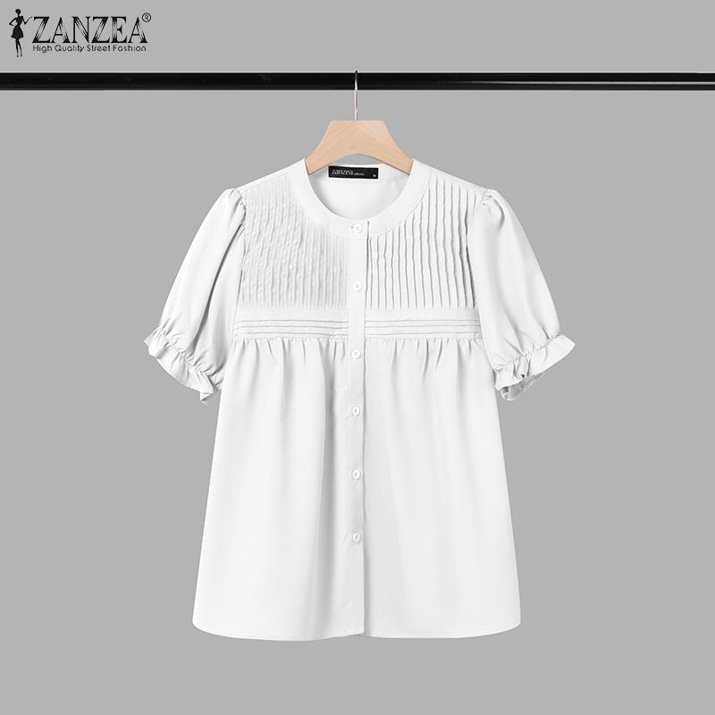 ZANZEA Women Summer Round Neck Puff Short Sleeve Casual Blouse