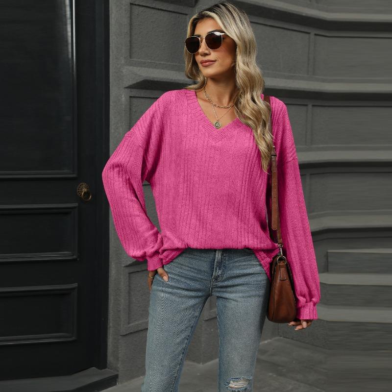 Autumn and Winter V-neck Loose Casual Long Sleeved T-shirt Women Fashion Elegant Simple New Solid Color Top Office Shirt Women's Clothing