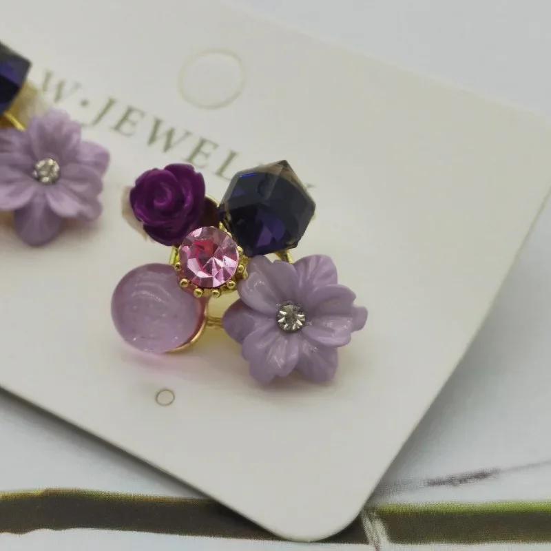 Purple Crystal Flower Stud Earrings for Woman Lilac Earrings Korean Fashion Wedding Party Jewelry Girl Elegance Set Accessories