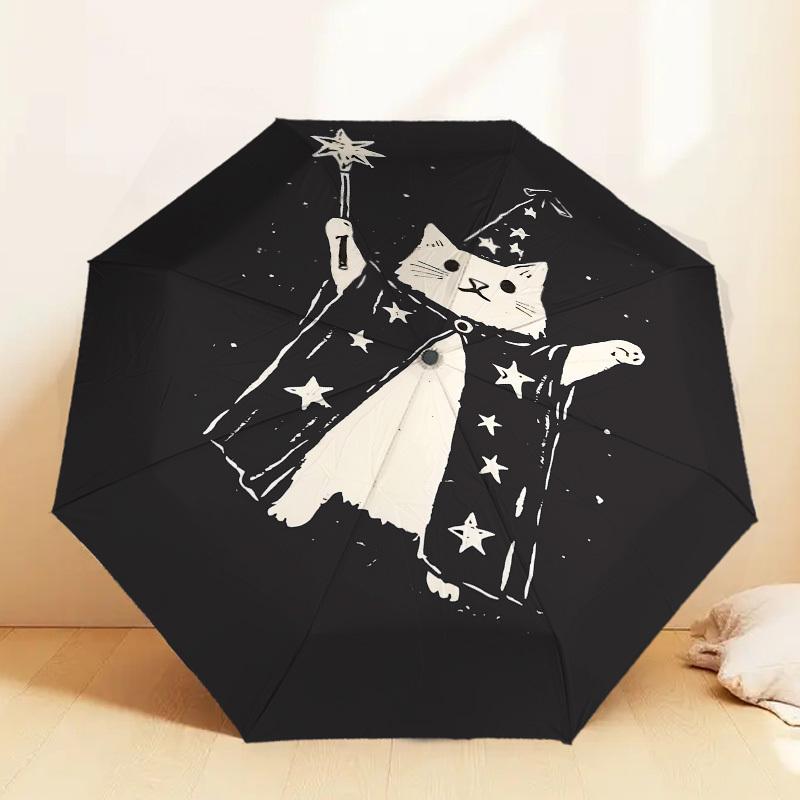 Magic Cat Wizard Umbrella, holding a magic wand. Perfect for outdoor adventures, this automatic opening/closing umbrella