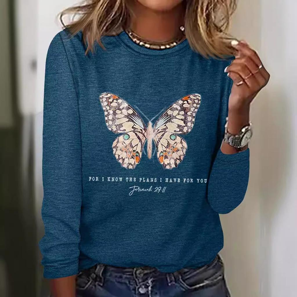 Round Neck 3D Printed Butterfly Pattern Top Fashionable Casual Long Sleeved Women's T-shirts